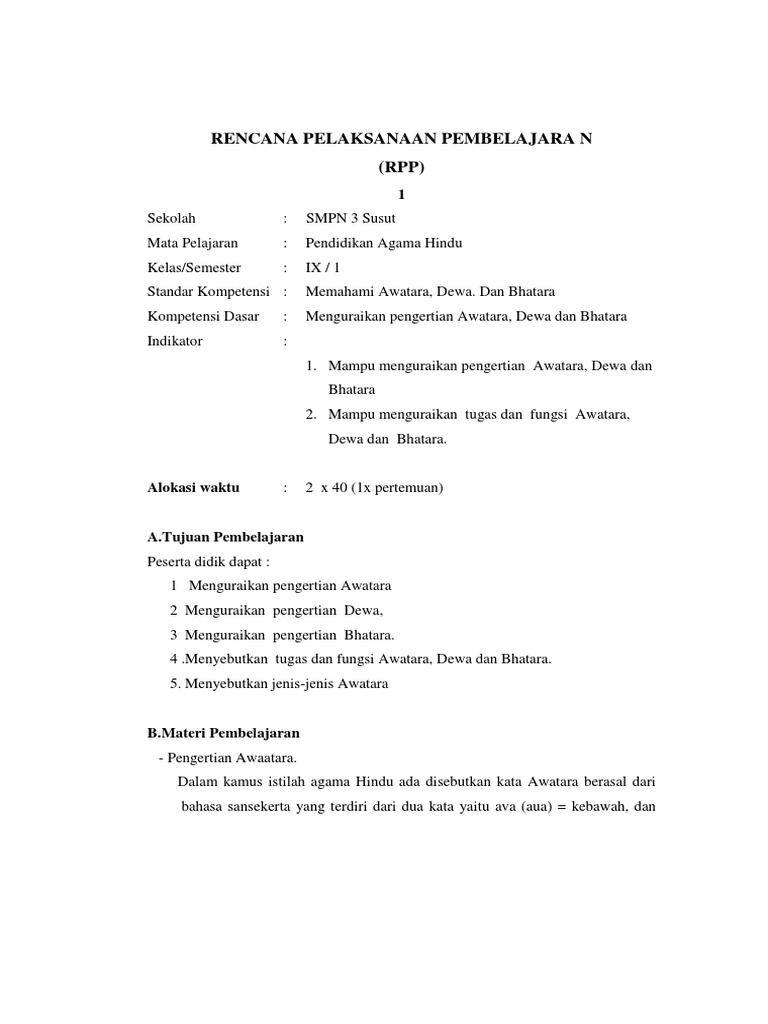 Rpp Agama Hindu Kelas Ix