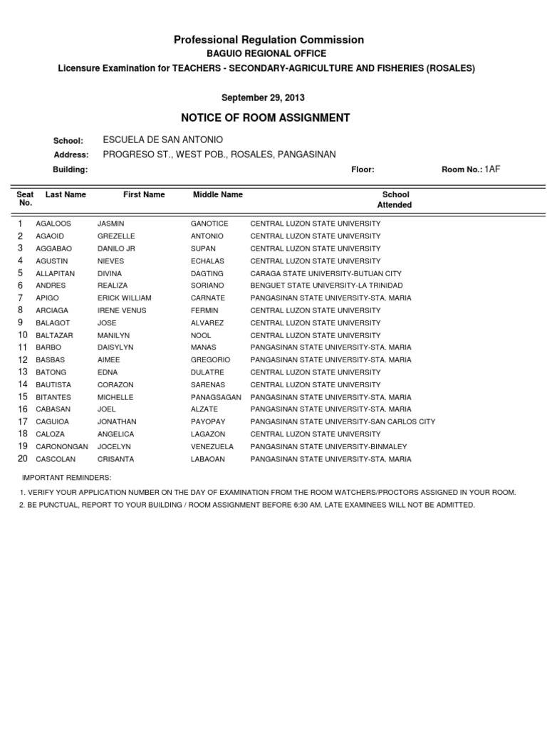 Room Assignments for Teacher Exam | PDF