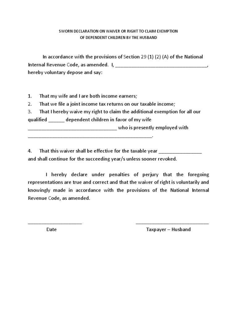 Sworn Declaration On Waiver or Right To Claim Exemption Internal