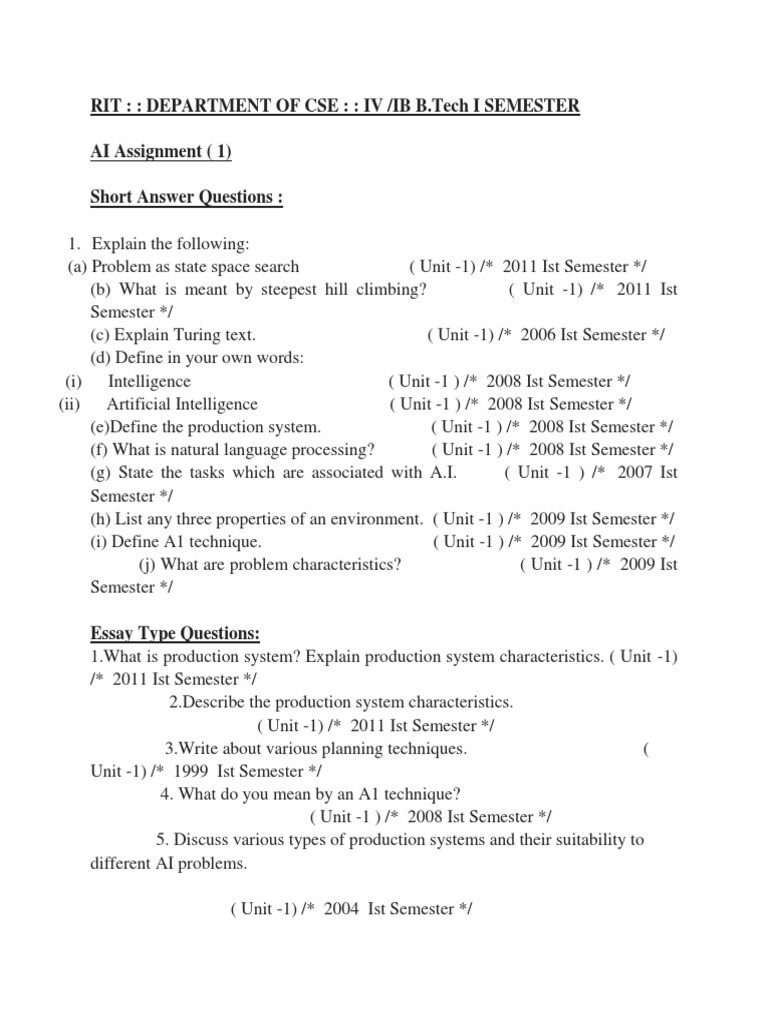 B.tech AI Unit - 1 Assignment | PDF