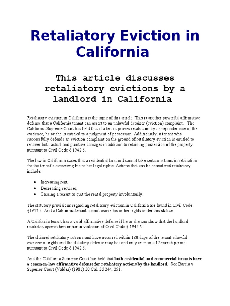 Retaliatory Eviction in California Eviction Leasehold Estate