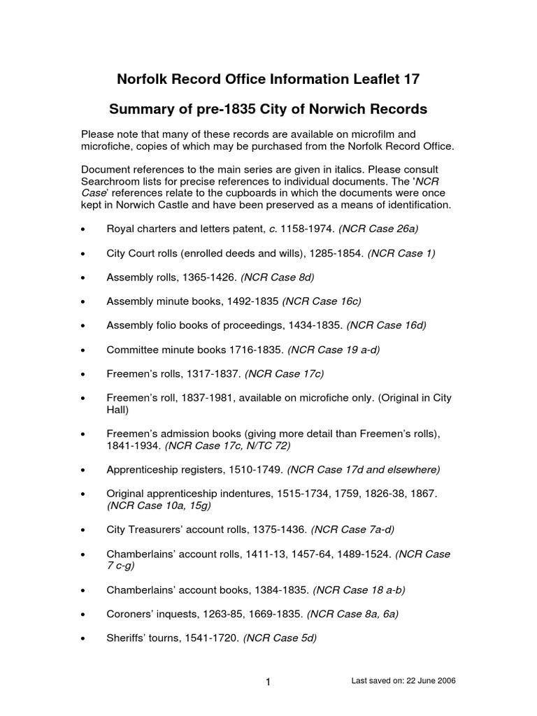 Norfolk Record Office Information Leaflet 17 Summary of Pre1835 City
