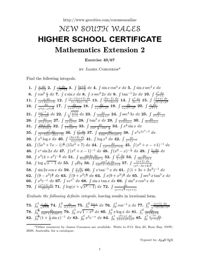 Extension 2 Mathematics: Coroneos - 100 Integrals | PDF | Teaching ...