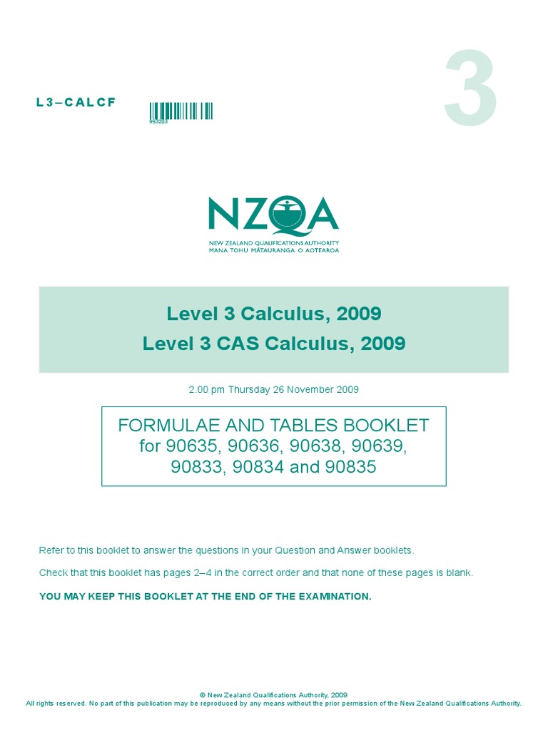 Formula Sheet New Zealand Level 3 Calculus (2009) PDF Sine Trigonometric Functions