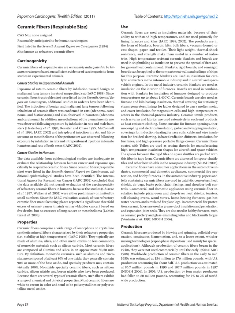 Ceramic Fibers (Respirable Size) Report On Carcinogens, Twelfth