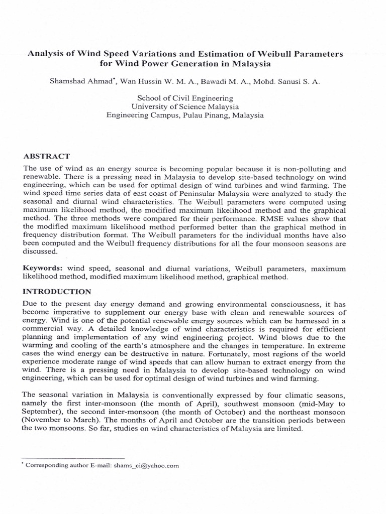 Analysis of Wind Speed Variations and Estimation of Weibull Parameters ...