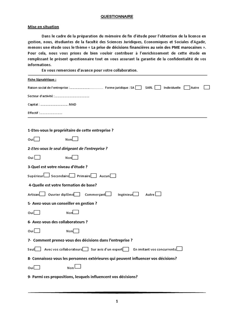 Questionnaire Sur Les D cisions Financi res PME PDF
