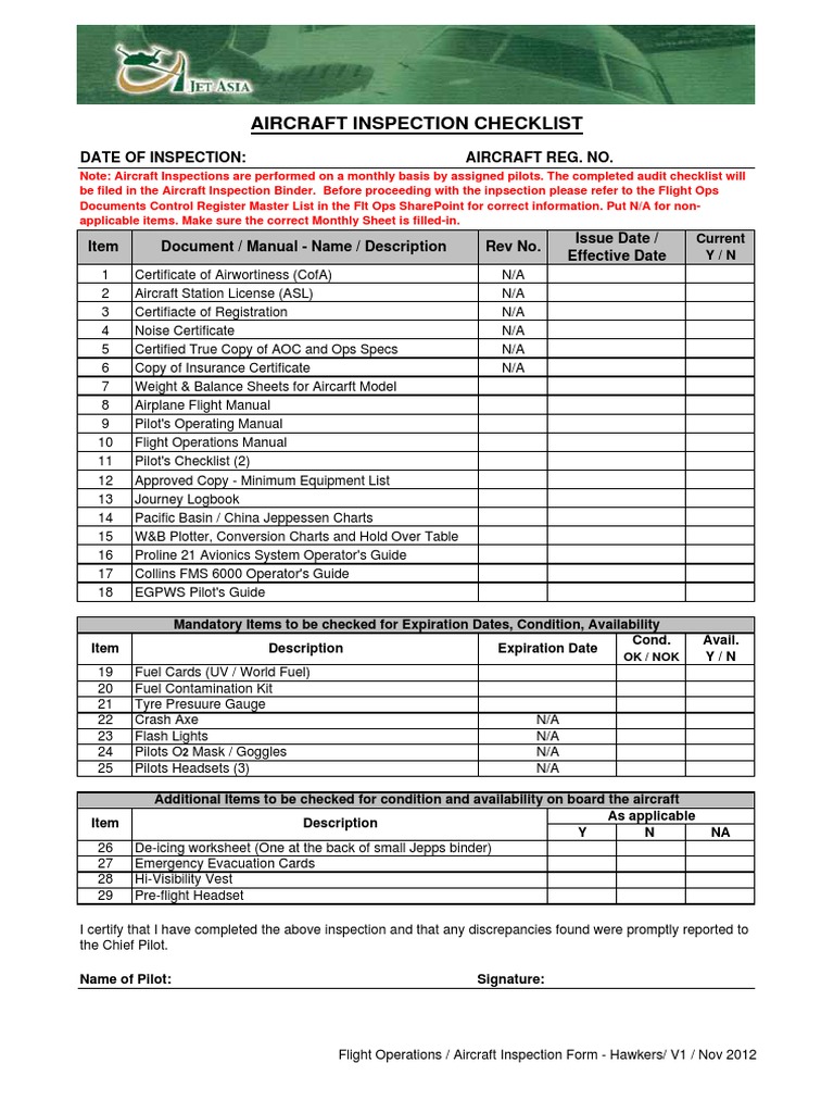 Monthly Aircraft Inspection Checklist | PDF | Business