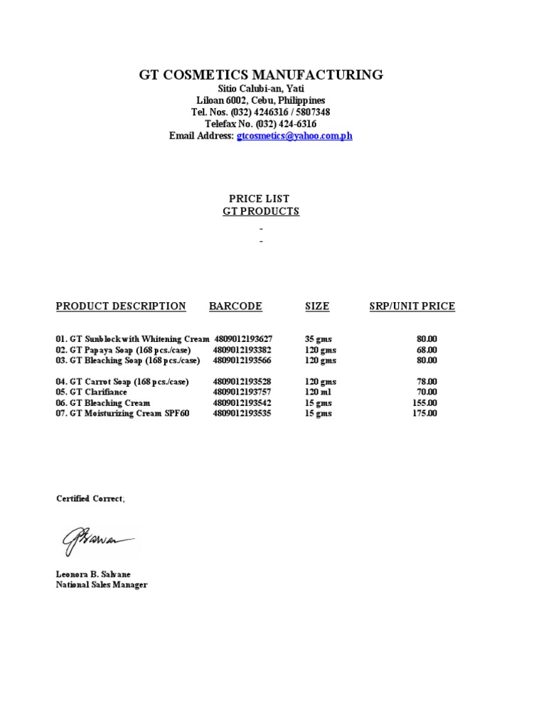 Price List Gt Products