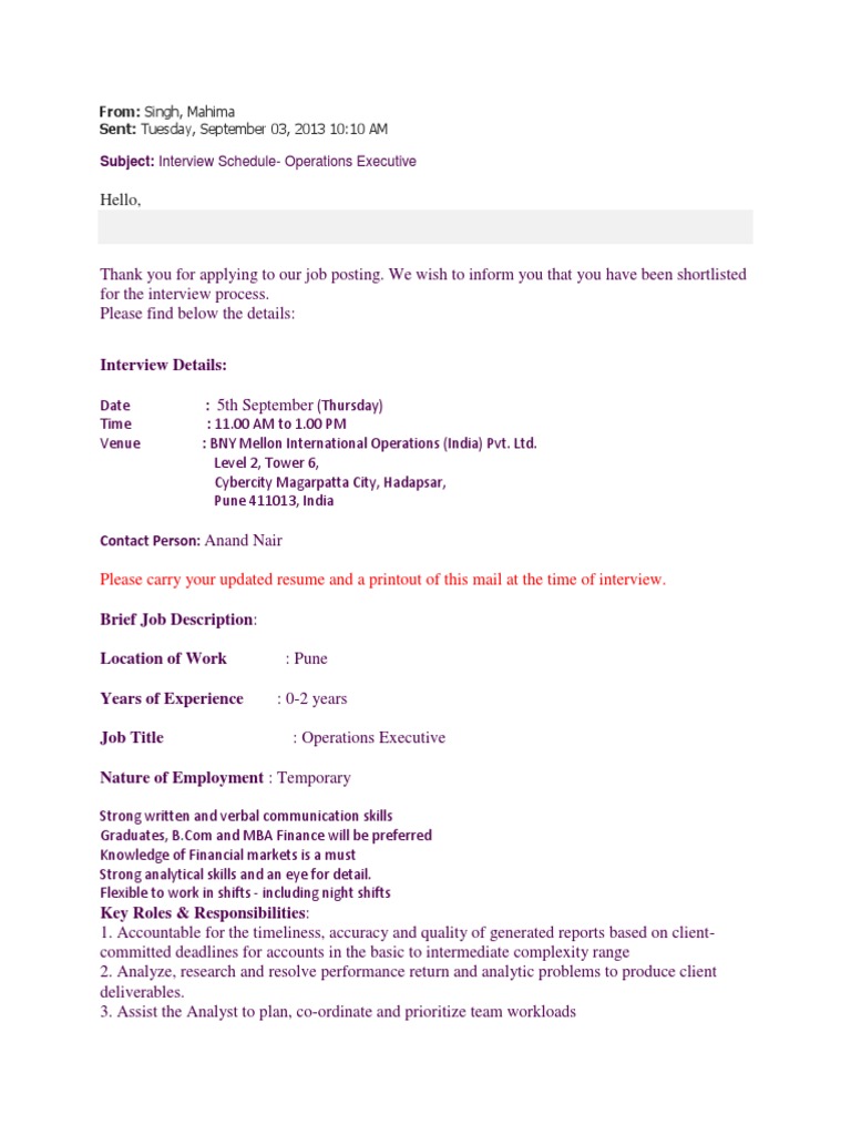 BNY Mellon Interview Schedule for Ops Exec | PDF | Email | Computer Virus