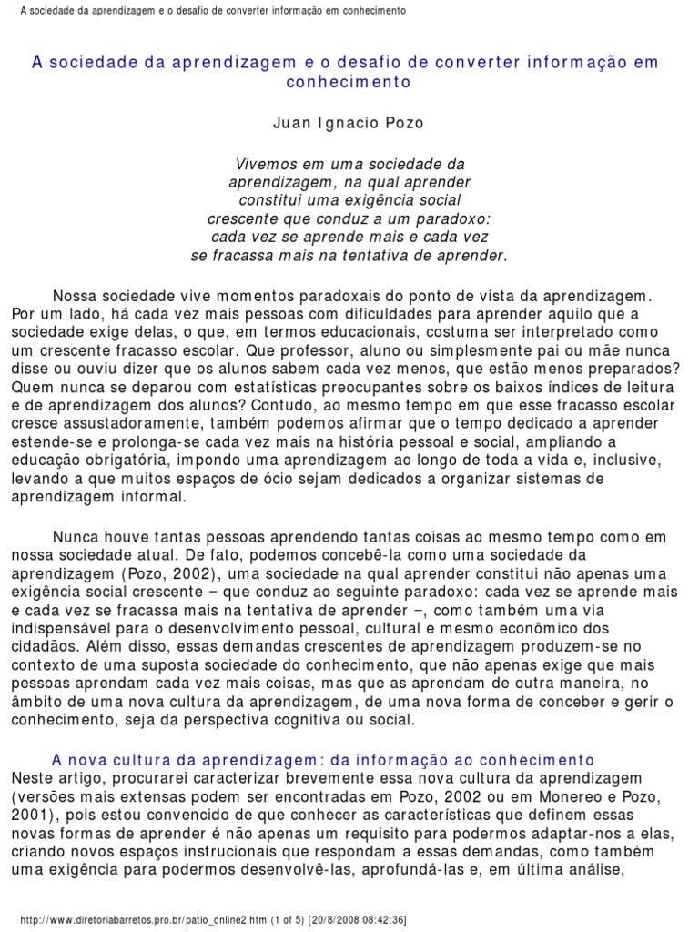 Sociedade da Aprendizagem e Conhecimento | PDF | Aprendizado | Conhecimento