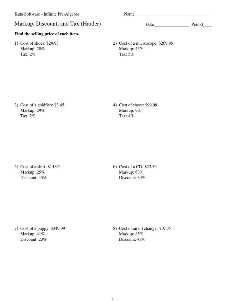 Markup, Discount, and Tax (Harder)  PDF Within  Markup And Discount Worksheet