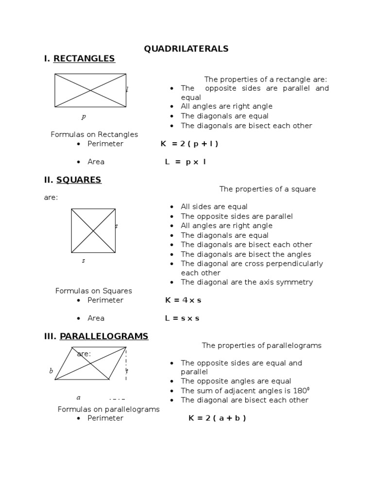 Properties and Formulas of Quadrilaterals | PDF | Rectangle | Geometric ...