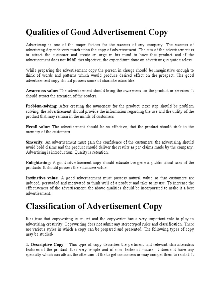 QualitiesCharacteristicstypes of Good Advertisement PDF