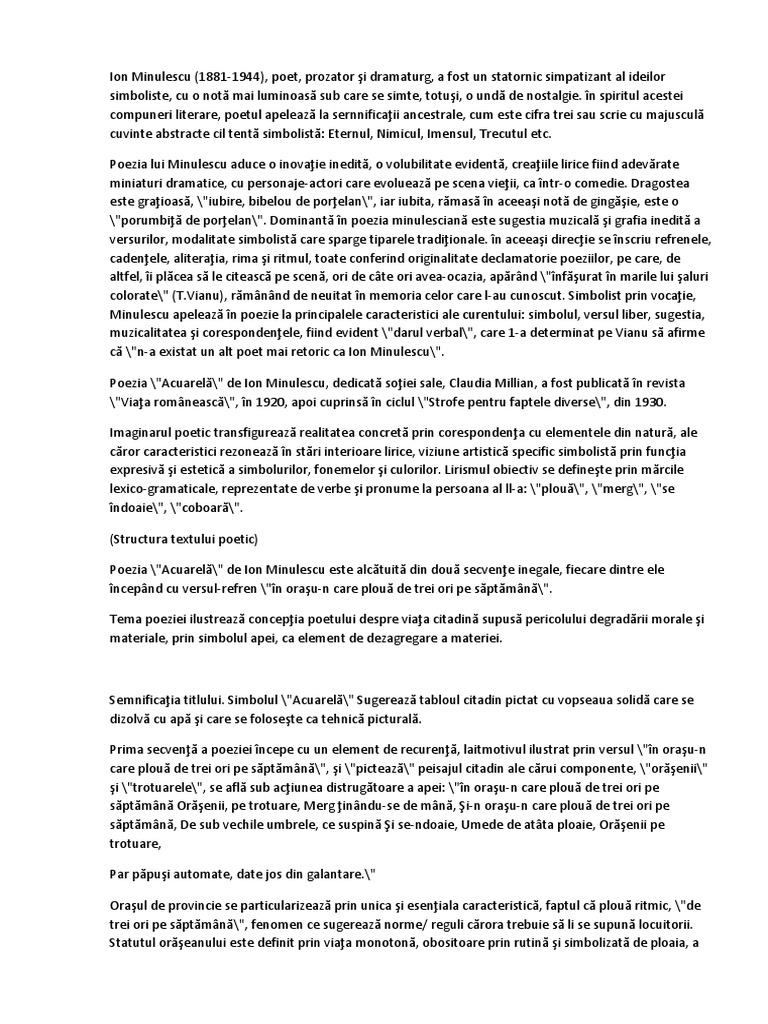 Acuarela De Ion Minulescu Poezie SimbolistÄƒ Poezie LiricÄƒ Lirism Obiectiv