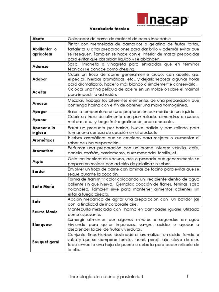 Glosario de términos técnicos de cocina y pastelería PDF Caldo Salsa