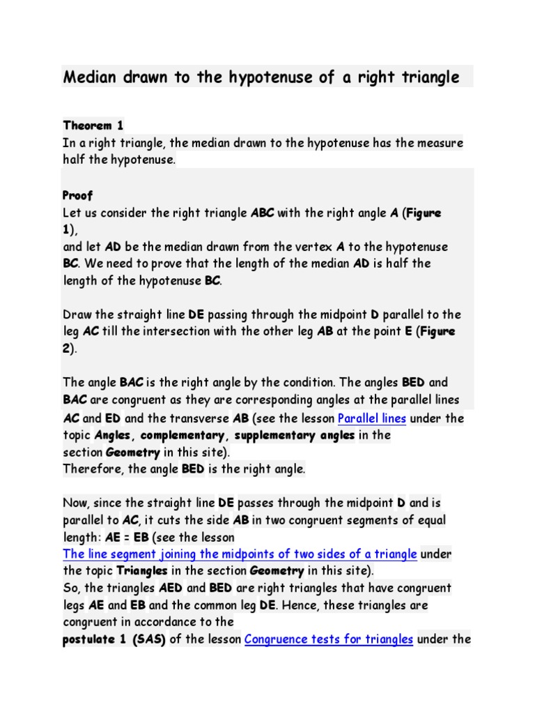 Median to Hypotenuse in Right Triangle | PDF | Triangle | Elementary ...