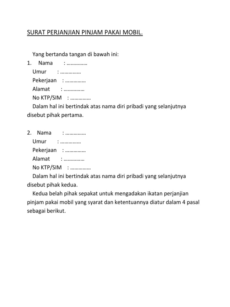 Contoh Surat Gadai Mobil