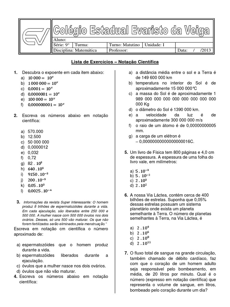 Lista de exercícios Notação Científica