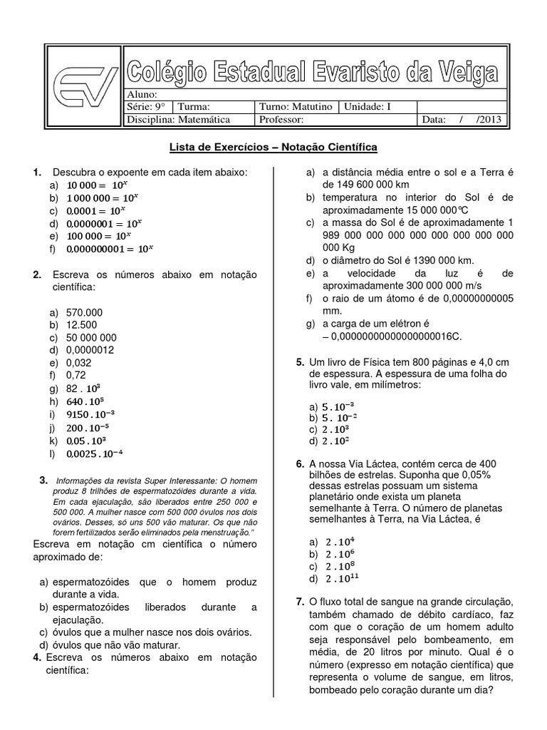 EXERCICIOS 9º ANO NOTAÇÃO CIENTIFICA.docx, PDF, Terra