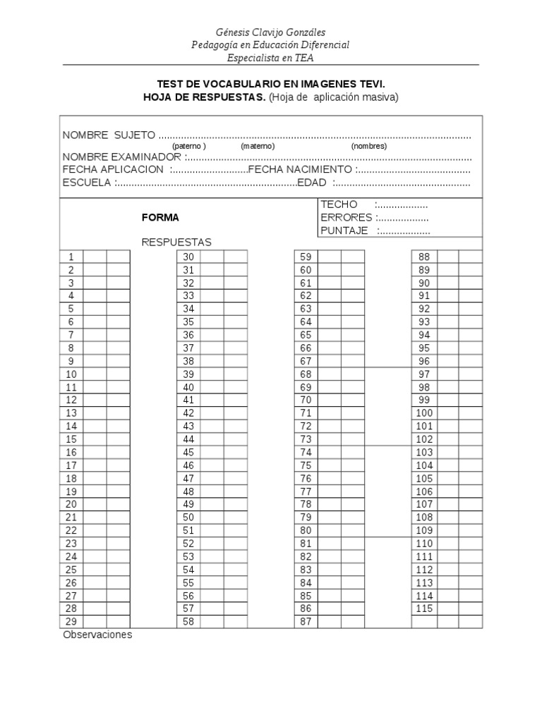 Test de Vocabulario en Imagenes Tevi | PDF