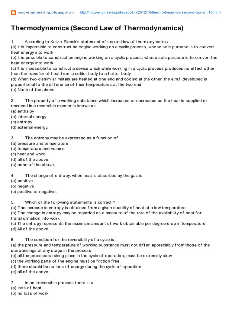 Second Law of Thermodynamics MCQs | PDF | Entropy | Second Law Of ...
