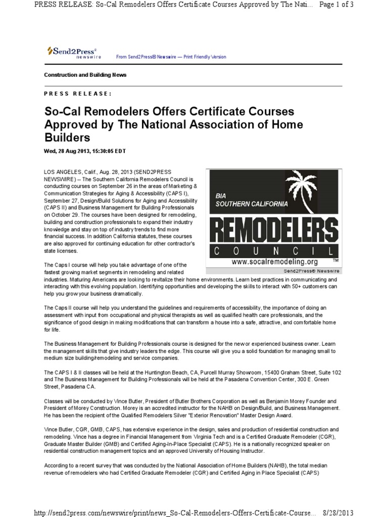 So Cal Remodelers Offers Certificate Courses Approved By The