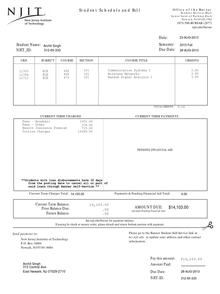 Student Schedule and Bill: (973) 596-BURSAR (2877) Njit - Edu/bursar ...