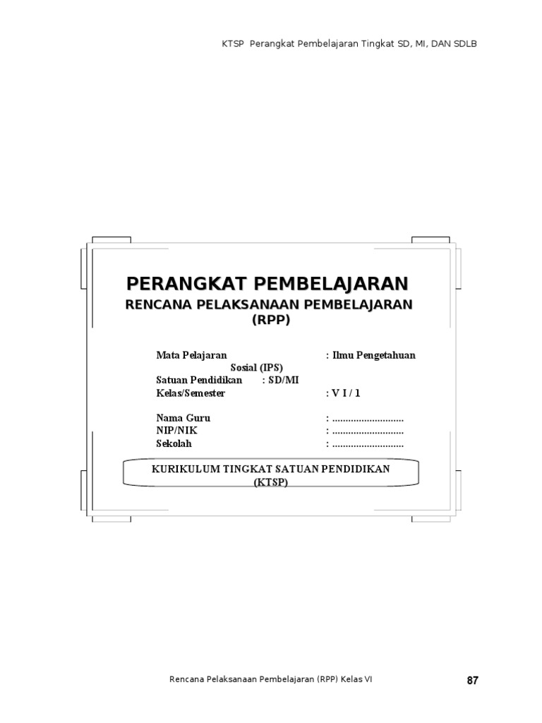Rpp Ips Sd Berkarakter Kelas 6 Vi Semester 1