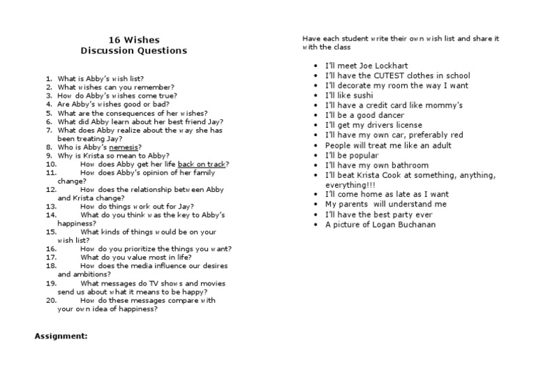 16 Wishes ESL Discussion Questions | PDF