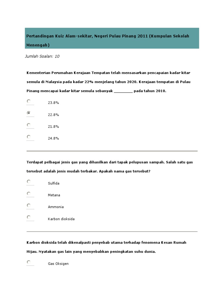 Contoh Soalan Kuiz Alam Sekitar Sekolah Menengah 