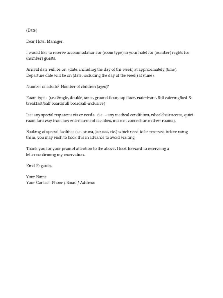 Sample Letter, Booking PDF Hotel Hotel And