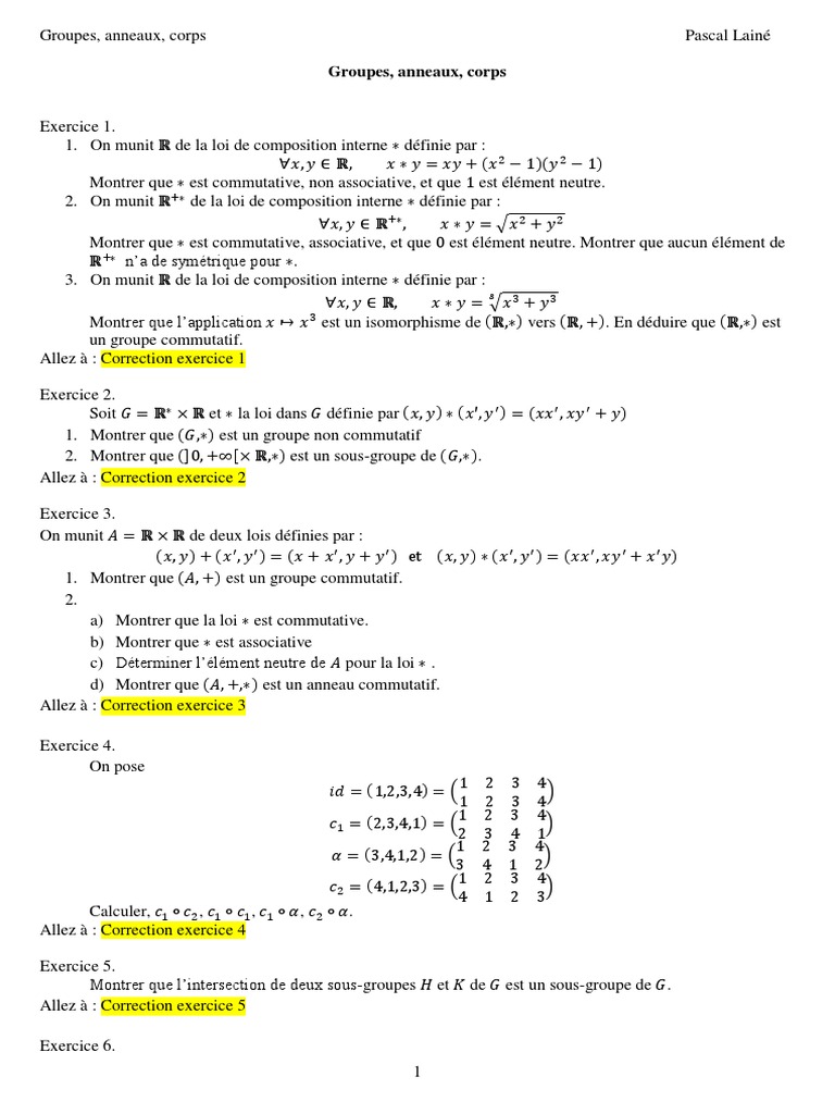 Exercices corrigés sur groupes et anneaux | PDF | Groupe (Mathématiques ...