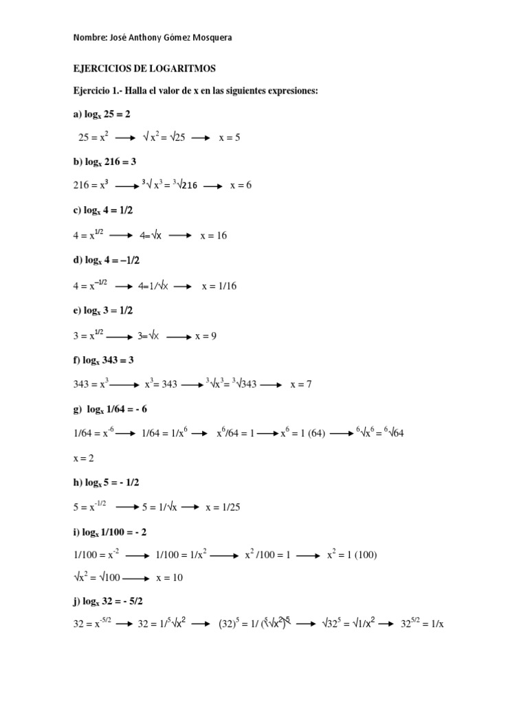 A Log 25 2 Ejercicios De Logaritmos Ejercicio 1 Halla El Valor De X En Las Siguientes Expresiones Ensenanza De Matematica