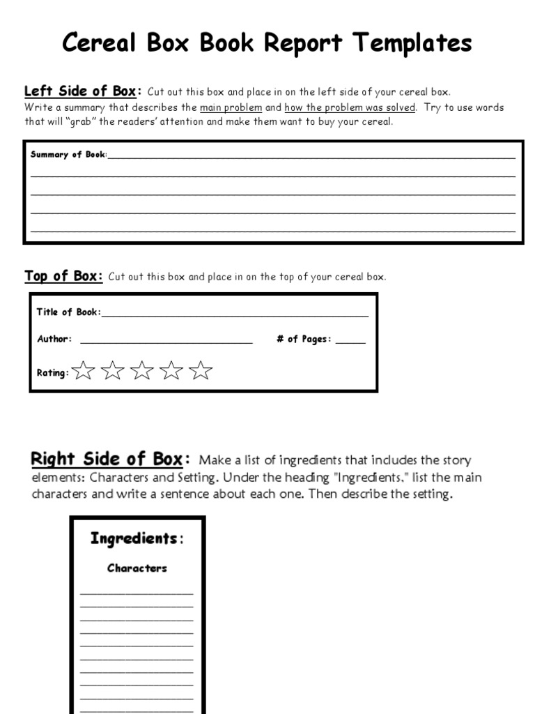 cereal box book report template editable