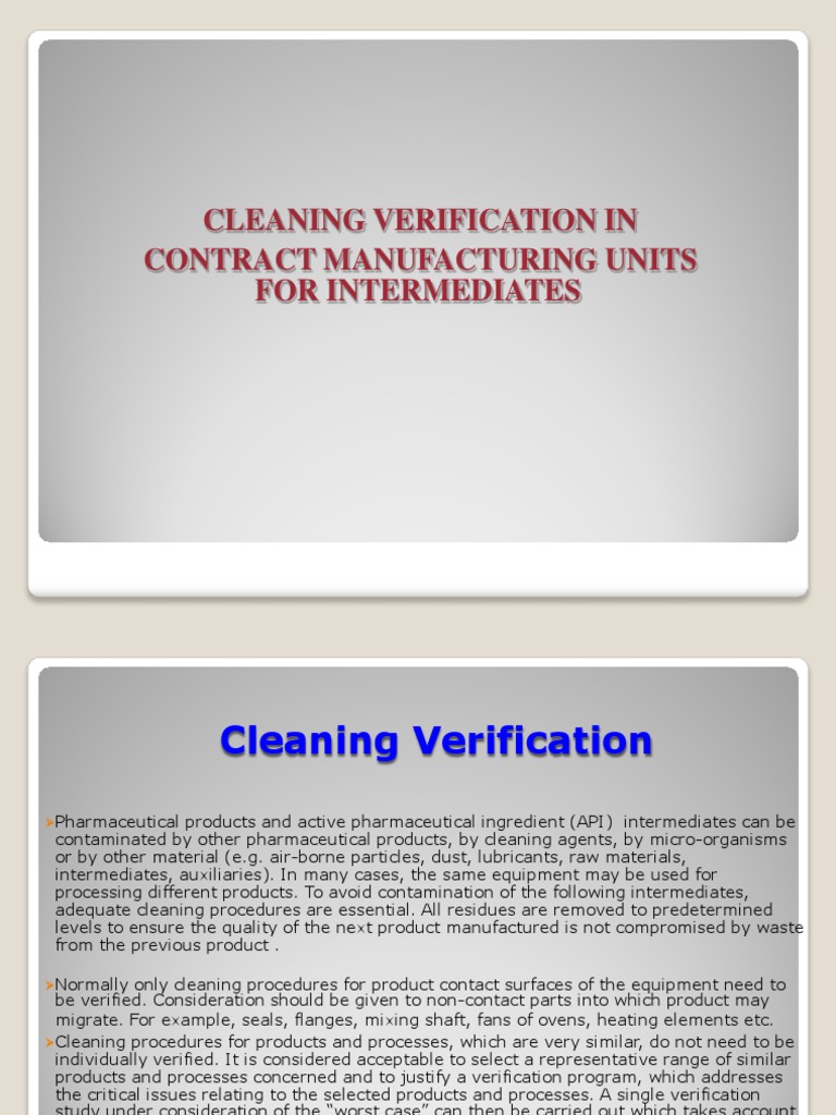 Verification of Cleaning Procedures for Pharmaceutical Intermediates to