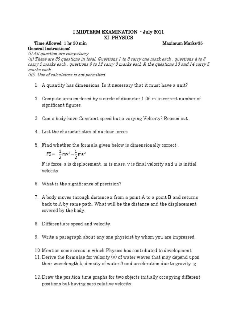 Class 11 Physics Midterm Exam Paper | PDF | Travel