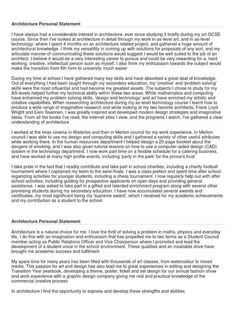 personal statement examples for university architecture