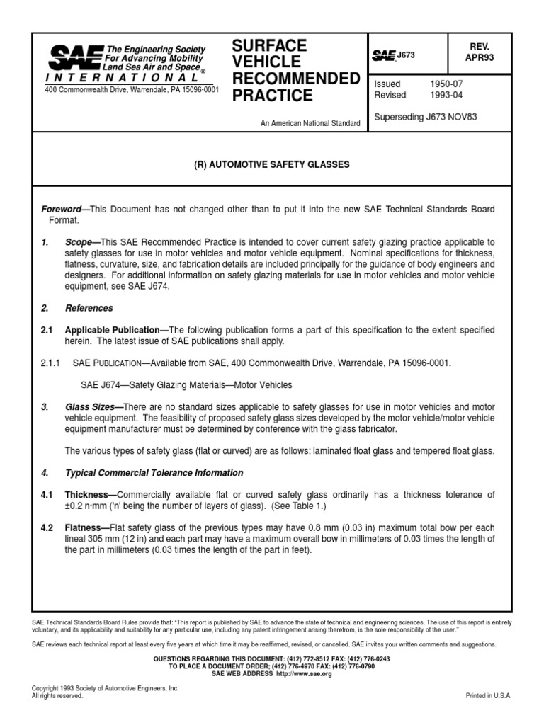 SAE J 6731993 Automotive Safety Glasses PDF PDF Engineering Tolerance Glasses