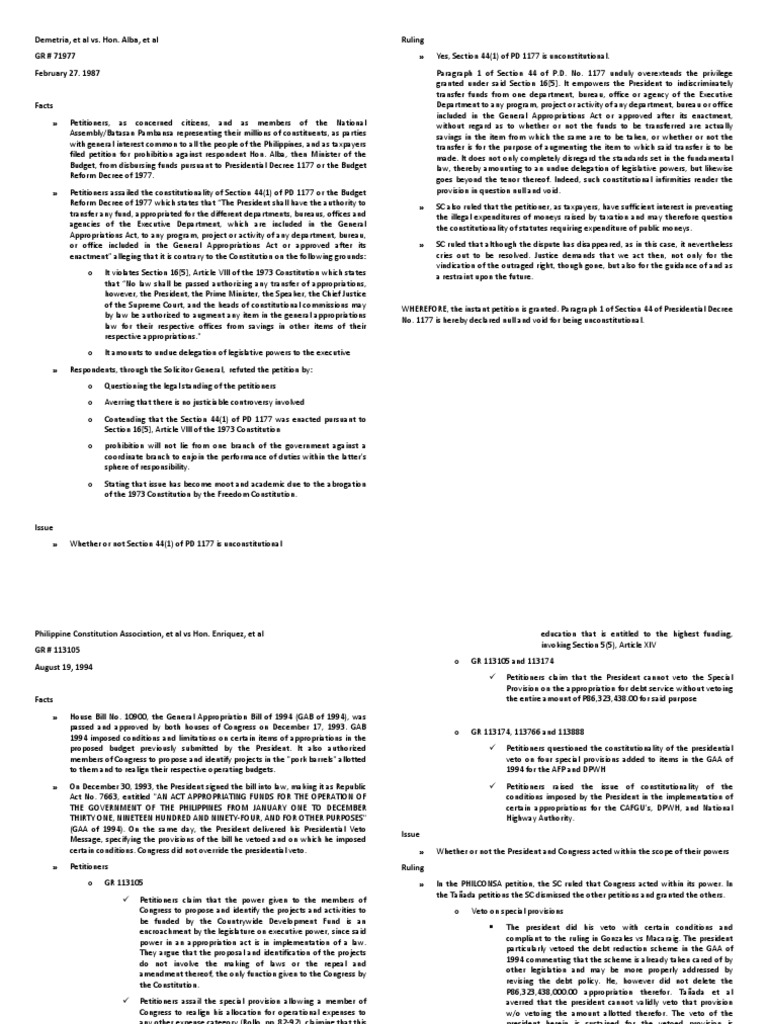 Case Digests On Pork Barrel PDF Veto United States Congress