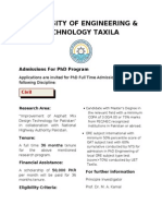University of Engineering & Technology Taxila: Admissions For PHD Program