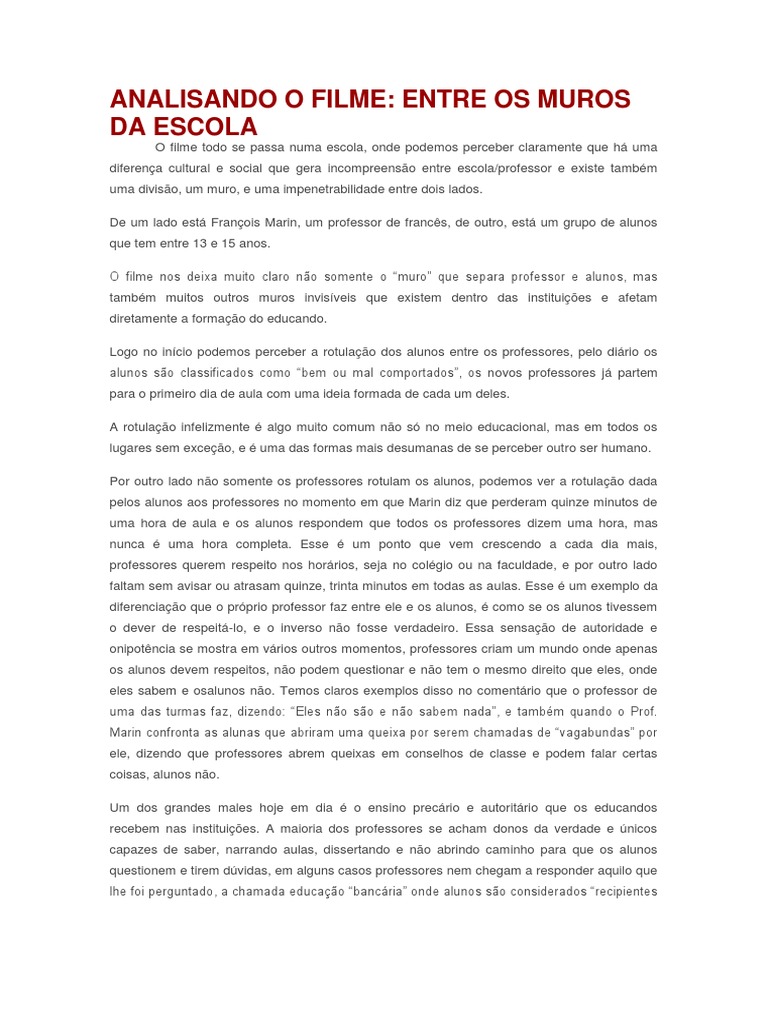 ANÁLISE DO FILME ENTRE OS MUROS DA ESCOLA | PDF | Escolas | Dialética
