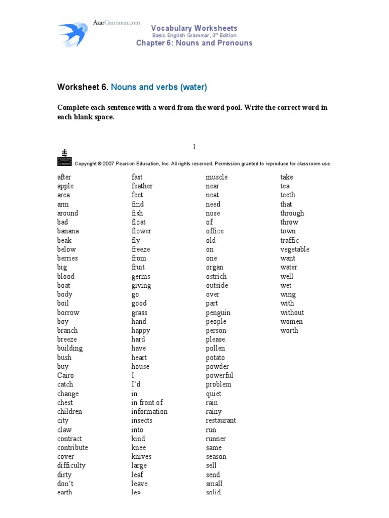 Worksheet 6. Nouns and Verbs (Water) PDF English Grammar Noun