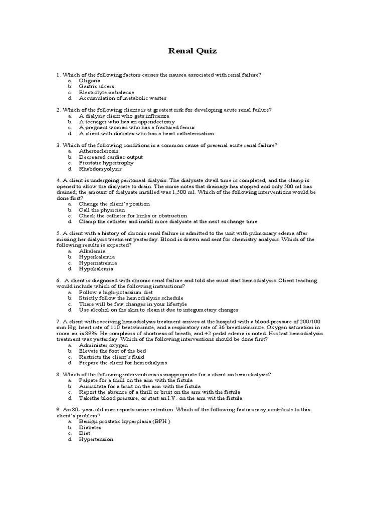 Renal Quiz Dialysis Hemodialysis