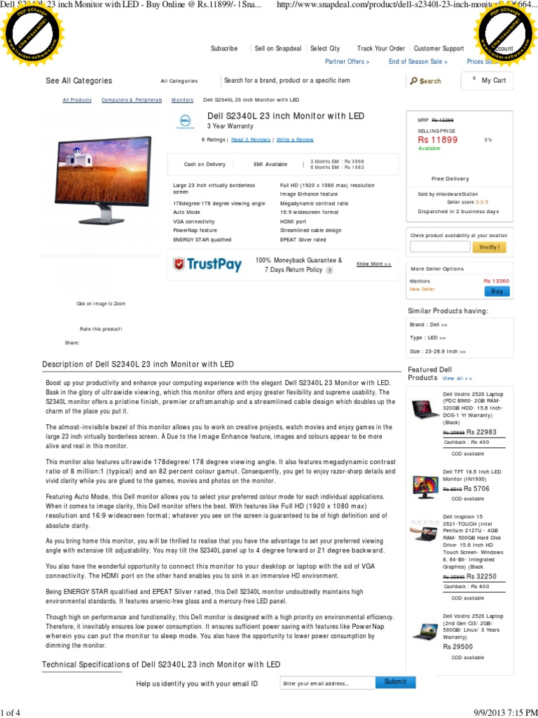 Dell S2340L 23 Inch Snapdeal | Computer Monitor | Thin Film Transistor  Liquid Crystal Display