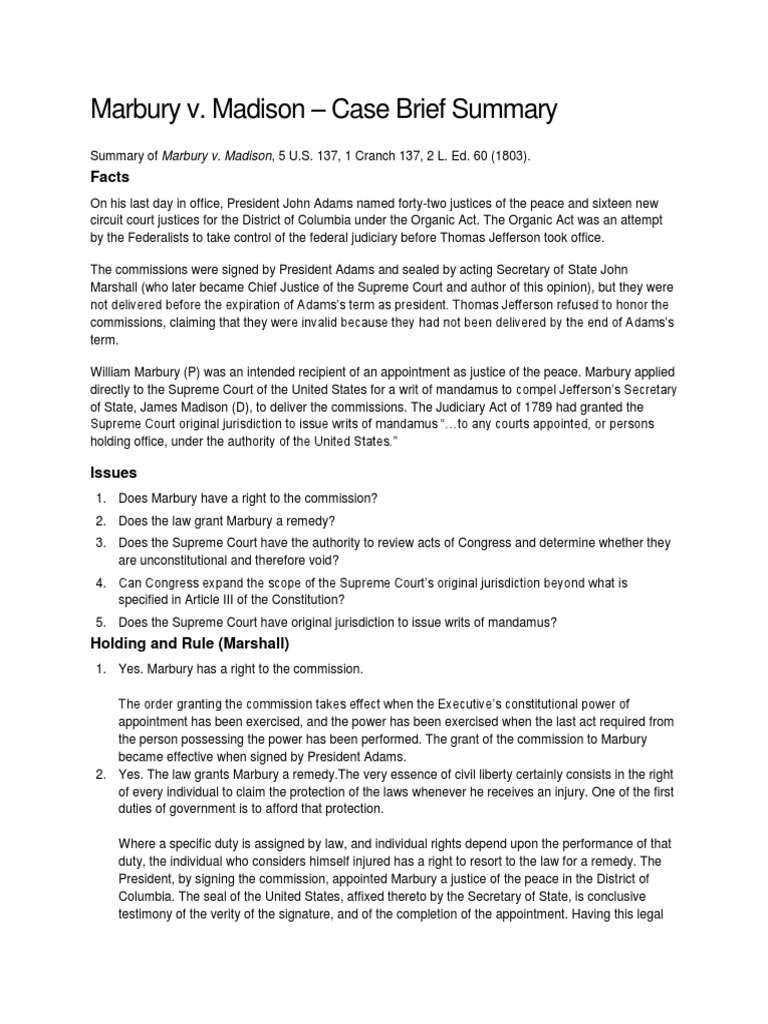 Case Summary of Marbury v. Madison PDF Marbury V. Madison