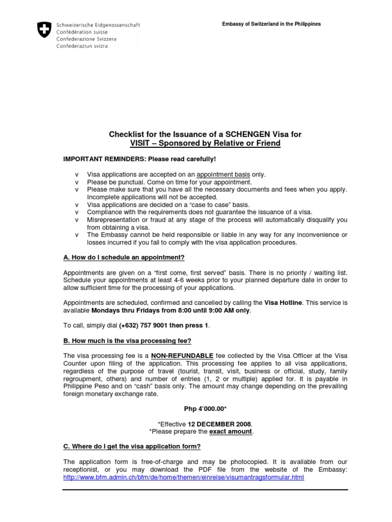 Swiss Visa Application - Checklist For Visit | PDF | Travel Visa | Passport