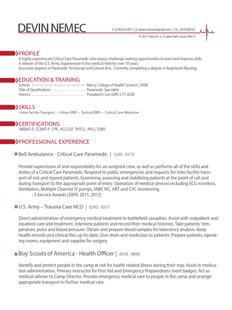 Paramedic Resume PDF Emergency Medical Services Paramedic