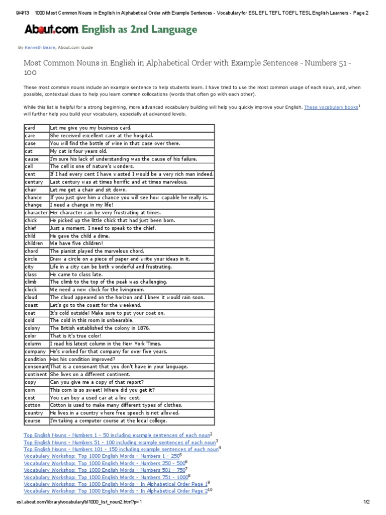 1000 Most Common Nouns In English In Alphabetical Order With Example 
