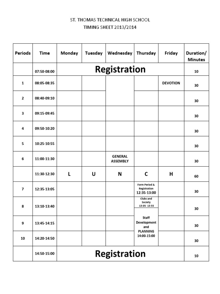 Registration Periods Time Monday Tuesday Wednesday Thursday Friday